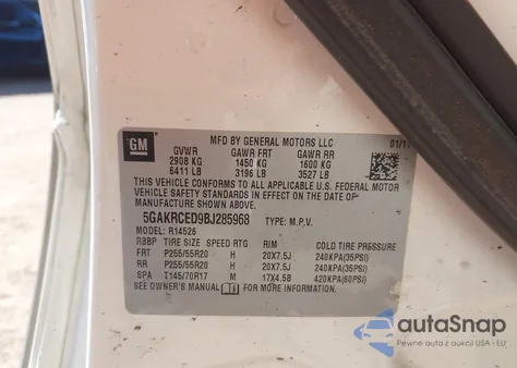 2011 Buick Enclave 2Xl from USA, damaged, VIN 5GAKRCED9BJ285968